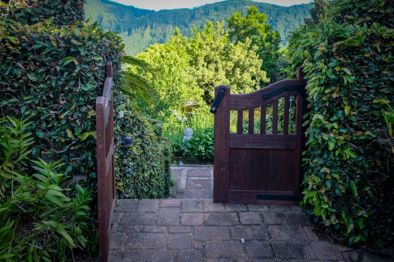 Gartentor selber bauen: Anleitung, Maße und stabile Konstruktion Gartentor selber bauen – Holz-Gartentor im Rahmen an einem Gartenweg