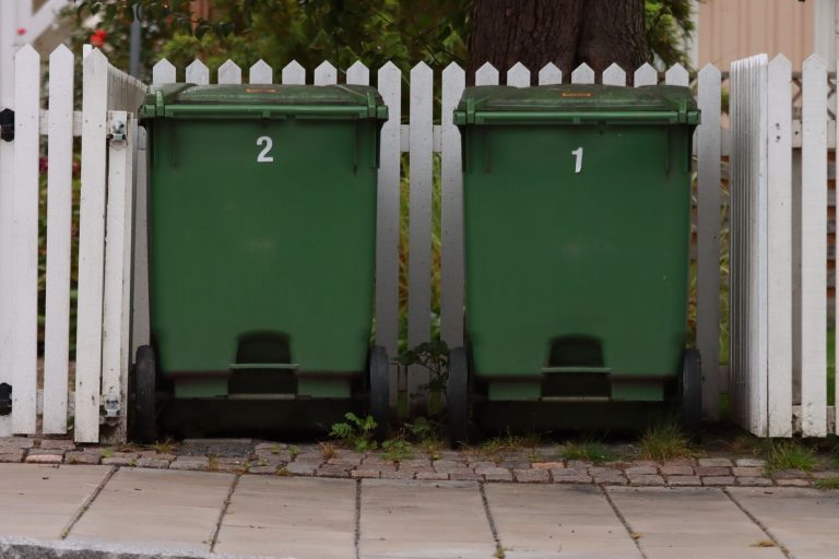 Mülltonnenbox selber bauen – zwei grüne 240-Liter-Mülltonnen vor einem Lattenzaun